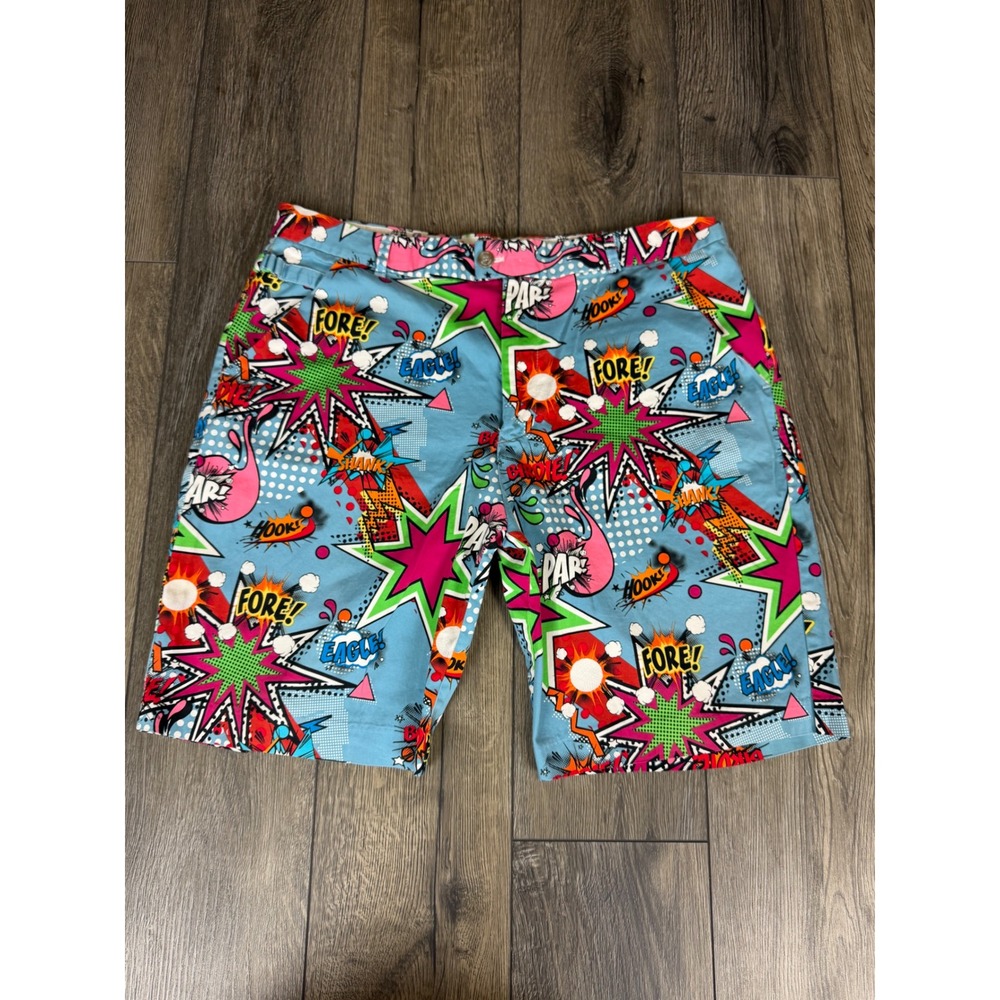 Royal & Awesome Comic Book Pop Art Golf Shorts Blue 40 Fore Eagle Par Graphic